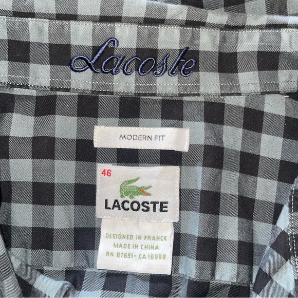 Lacoste Shirt Mens 46 Gray Check Modern Fit Long Sleeve Button Down Gray Black - Picture 4 of 9